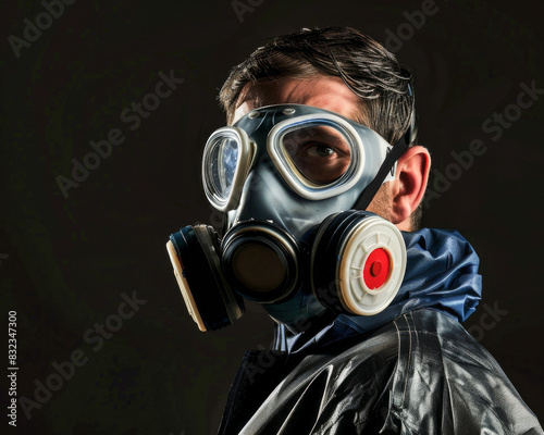 An inspector wearing a chemical mask with a black background © Sirisook