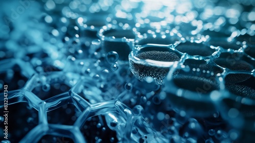 A visualization of a nano-scale filtration system using graphene, showcasing its ability to purify water at a molecular level for environmental applications. photo