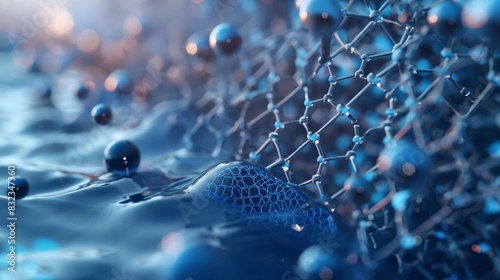 A visualization of a nano-scale filtration system using graphene, showcasing its ability to purify water at a molecular level for environmental applications. photo