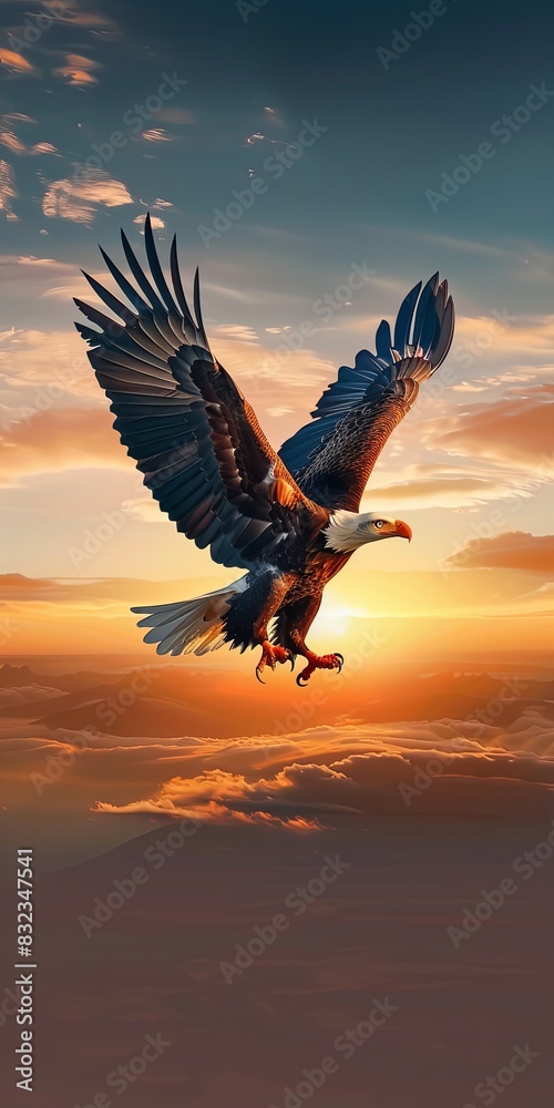 Obraz premium A graceful eagle flies freely in the sky during a breathtaking sunset