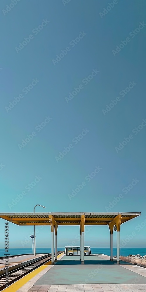 Fototapeta premium A train station nestled peacefully next to the ocean, blending nature and urban infrastructure