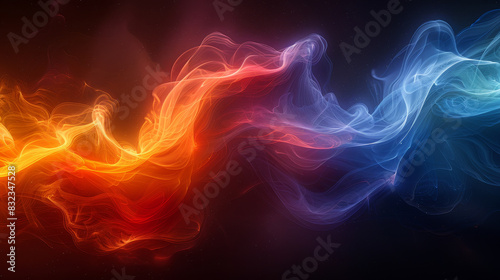 A mesmerizing blend of fiery orange and cool blue wisps intertwine in a dance of vibrant energy against a dark backdrop.