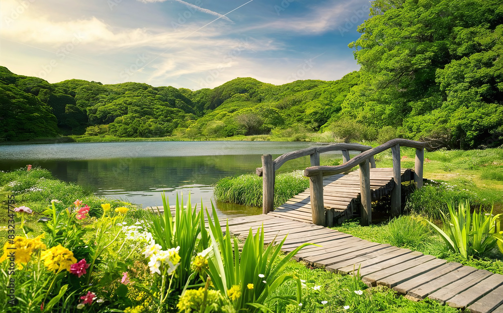 Fototapeta premium natural landscape featuring a pristine lake surrounded by lush greenery. A wooden footbridge arches gracefully over the water
