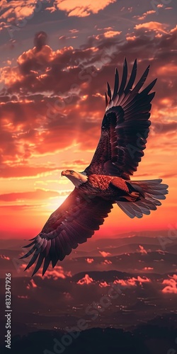 A bird gracefully flies through a sunset-filled sky