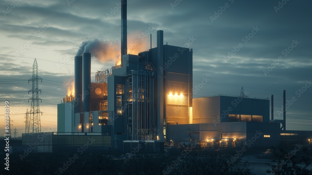 A waste-to-energy plant at dusk, emitting a soft glow from the energy being generated inside. The plant efficiently converts waste into electricity, showcasing a sustainable energy solution. A waste-to-energy plant at dusk, emitting a soft glow from the energy being generated inside. The plant efficiently converts waste into electricity, showcasing a sustainable energy solution.