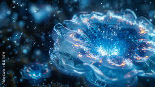 A mesmerizing close-up of a glowing, bioluminescent underwater flower, illuminating the deep sea with vibrant blue hues.