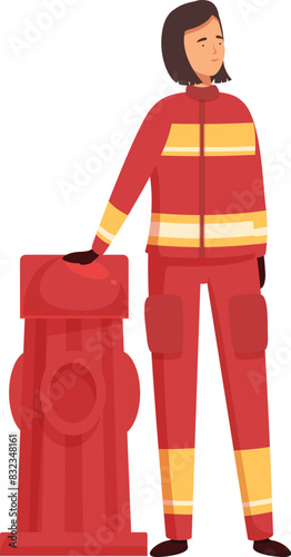 Illustration of a woman firefighter in uniform standing next to a red fire hydrant