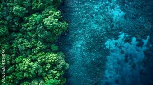Aerial view of a tropical rainforest and clear blue water in the ocean from a top down perspective. depicting a tropical landscape concept of an ecofriendly environment.