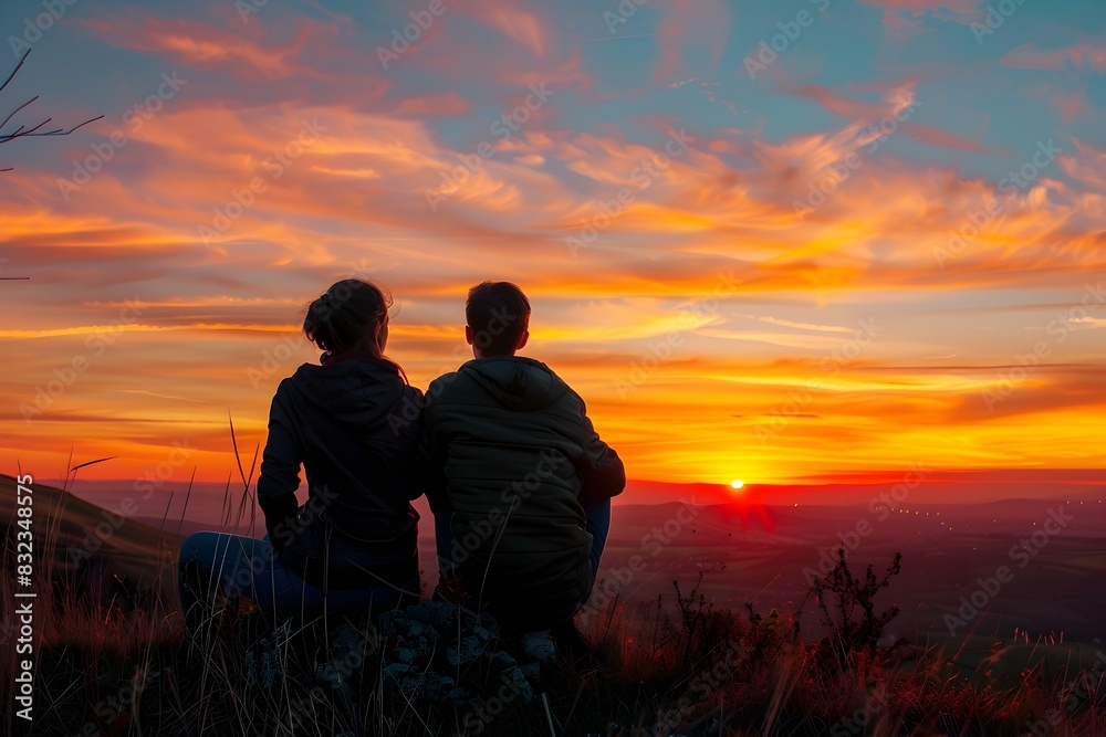 Couple Silhouetted Against Dramatic Sunset on Hilltop Scenic Overlook