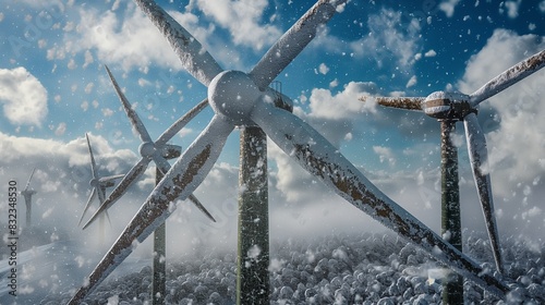 A winter scene where wind turbines operate amidst heavy snowfall. The turbines are coated with snow, yet continue to spin, illustrating their durability and effectiveness in harsh weather conditions. photo