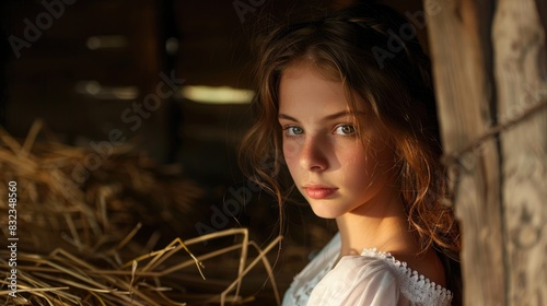A young and lovely girl in the rural hayloft photo