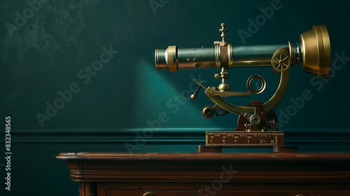 A vintage lensometer with brass accents on a wooden desk. The background is dark green. 8k, realistic, full ultra HD, high resolution and cinematic photography photo