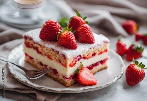 AI-generated illustration of A strawberry cake on a plate with fork and napkin