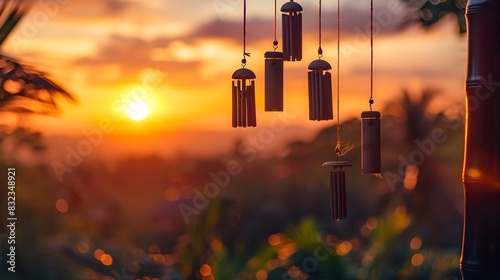 Wind Chimes in Warm Sunset Glow: Tranquil Rhythm of Nature's Harmony photo
