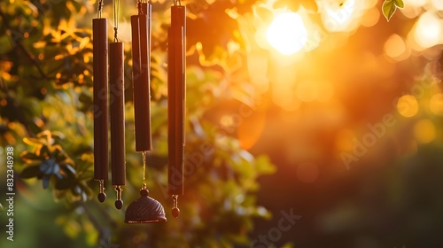 Wind Chimes in Harmonious Sunset Dance Evoking Peace and Tranquility photo