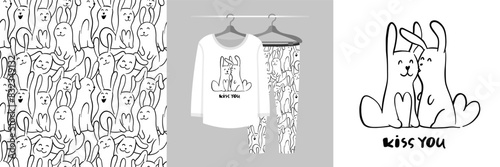 Seamless pattern and illustration for kid with two rabbits. Best friends bundle. Kiss you text. Cute design pajamas. Baby background for fashion t-shirt print, birthday invitation card, wrapping