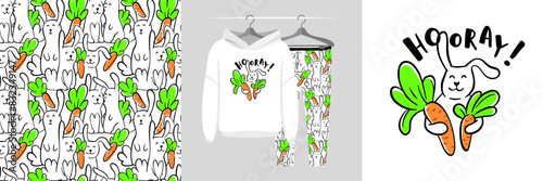 Seamless pattern and illustration for kid with rabbit hugs carrots. Best friends bundle. Hooray text. Cute design pajamas. Baby background for fashion t-shirt print, birthday invitation card, wrapping