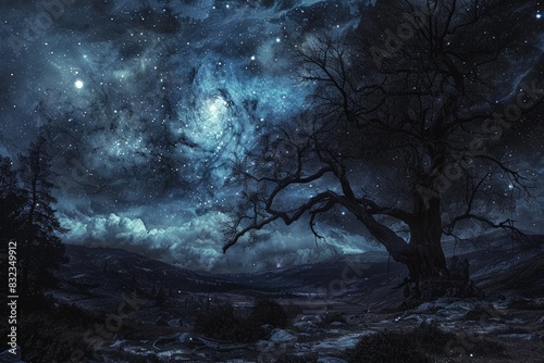 a painting of a night sky with stars and a tree