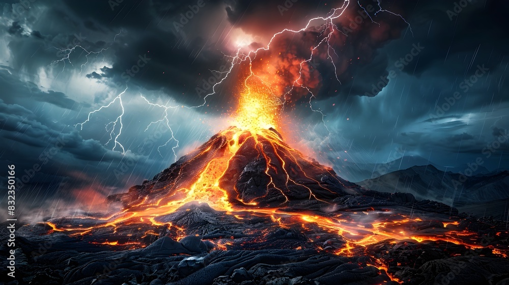 Fiery Ascent: Dramatic Volcano Eruption Ignited by Lightning