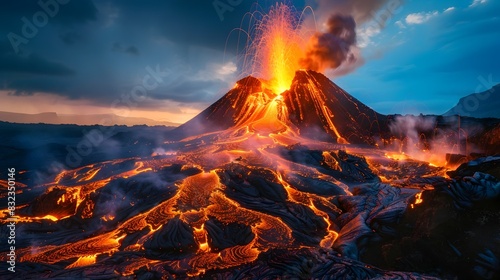 Nighttime Spectacle of Volcanic Fury: An Active Volcano's Glowing Lava Eruption