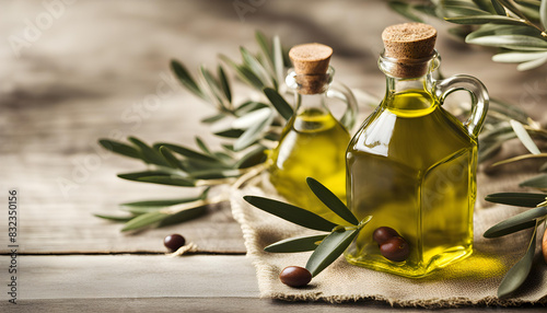 Olive oil in the bottle and olive branch on the table. Oil background.