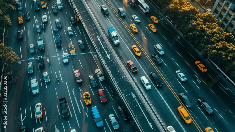 An aerial view of a busy highway where every vehicle is electric or hybrid, depicting a future where clean energy vehicles dominate road traffic, reducing urban air pollution.