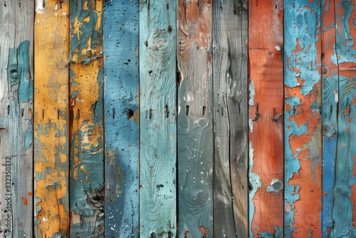 Detailed image of aged wooden boards with colorful peeling paint and rustic texture © familymedia
