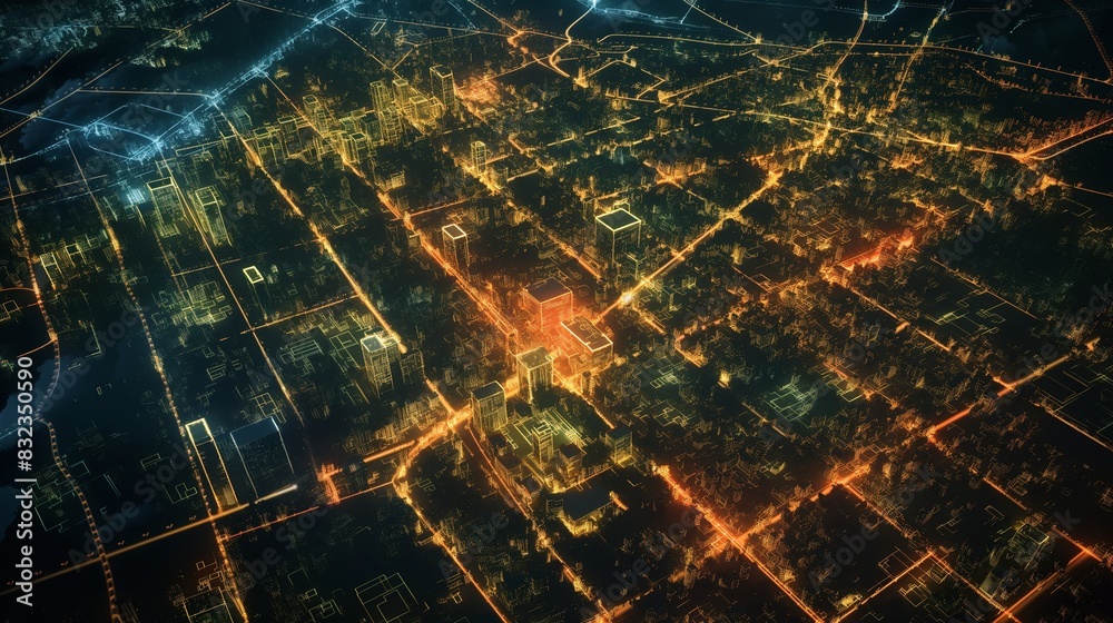 An aerial view of a city at night lit by a smart grid system, highlighting different areas with varying electricity usage levels through color-coded lighting. An aerial view of a city at night lit by a smart grid system, highlighting different areas with varying electricity usage levels through color-coded lighting.