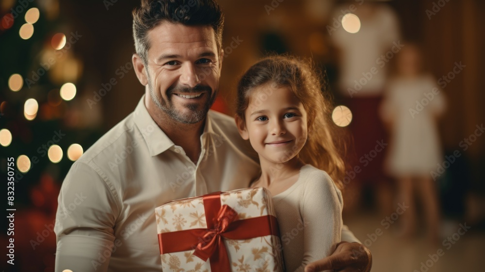 Joyful Father and Daughter Sharing a Christmas Gift at Home Joyful Father and Daughter Sharing a Christmas Gift at Home