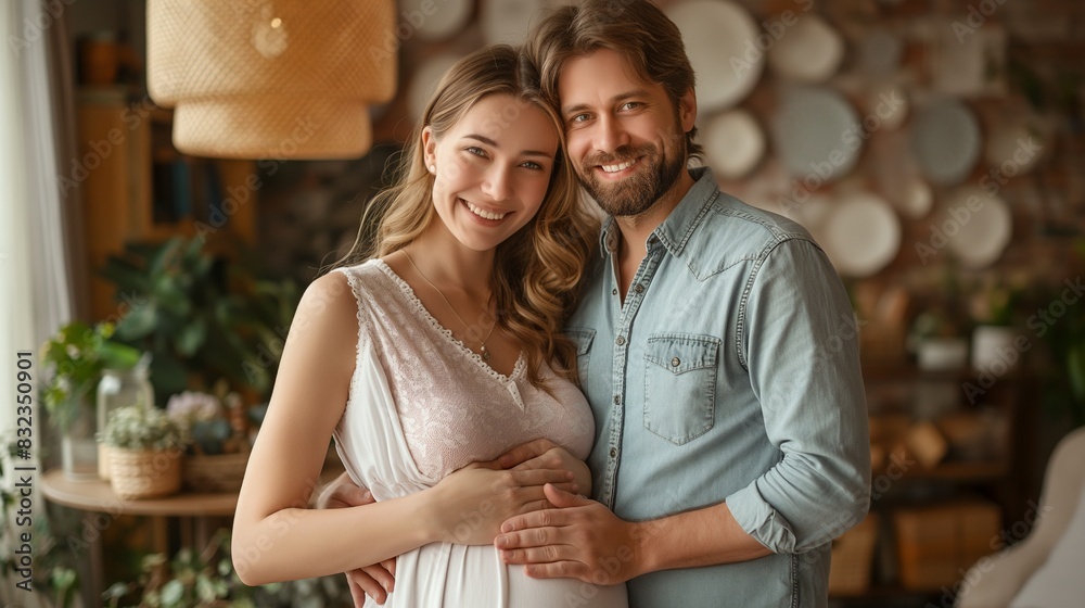 Fototapeta premium young pregnant woman and her husband lovingly stroking her growing belly
