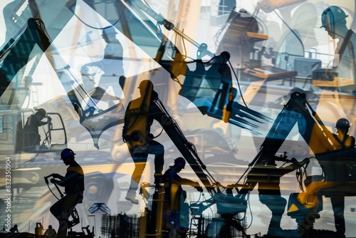 The shapes of workers maneuvering heavy machinery in a chaotic dance of construction , abstract  , background photo