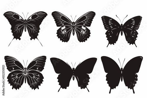 Set of butterflies silhouettes drawing on isolated background. Hand drawn butterfly vector illustration