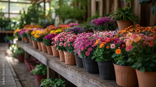 Various multicolored flowers growing in pots in greenhouse in garden center