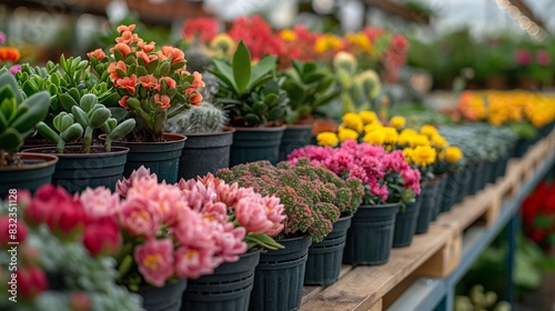 Various multicolored flowers growing in pots in greenhouse in garden center