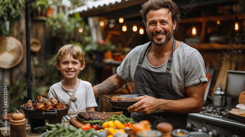 Father with little son grilling outside during family summer garden party