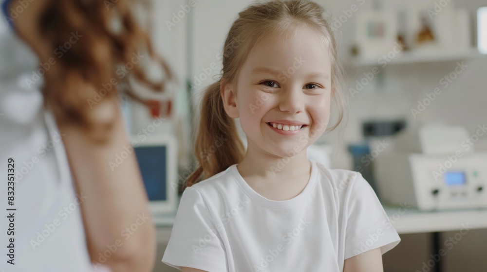 Happy beautiful kid girl at doctor's appointment, pediatrician routine checkup at modern pediatric clinic Happy beautiful kid girl at doctor's appointment, pediatrician routine checkup at modern pediatric clinic