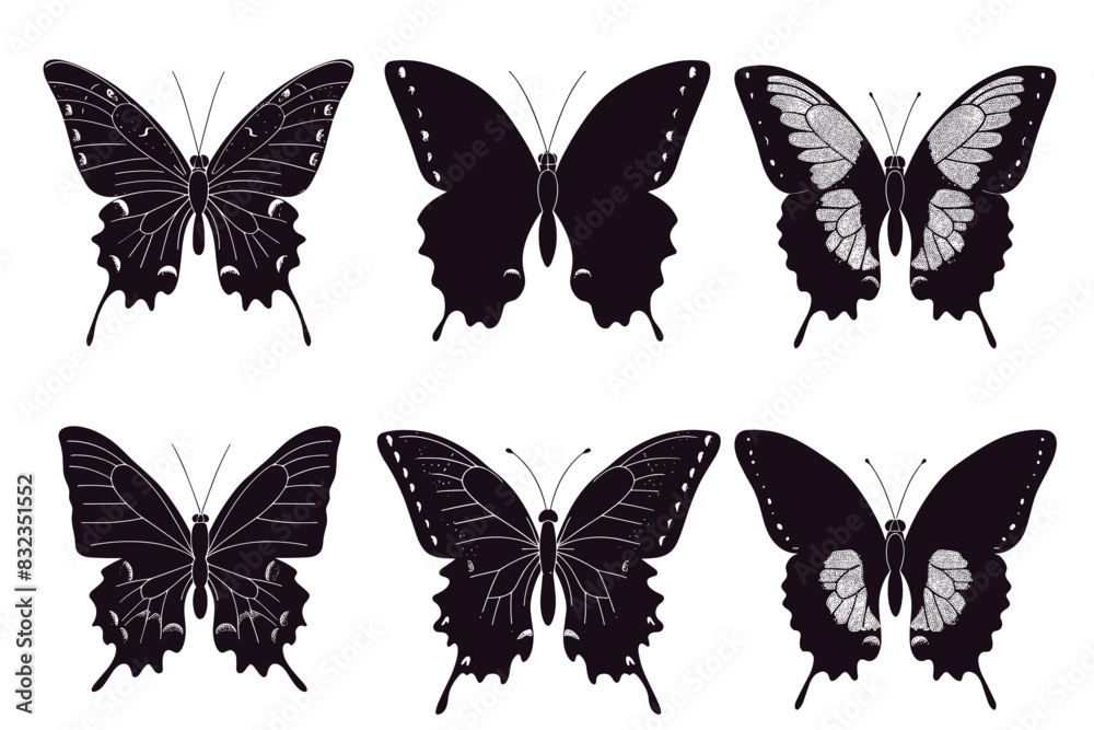 Fototapeta premium Set of butterflies silhouettes drawing on isolated background. Hand drawn butterfly vector illustration