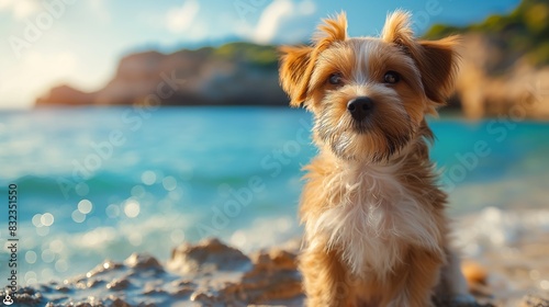 A dog sits on sandy beach, gazing into the distance at sunset, with warm golden light