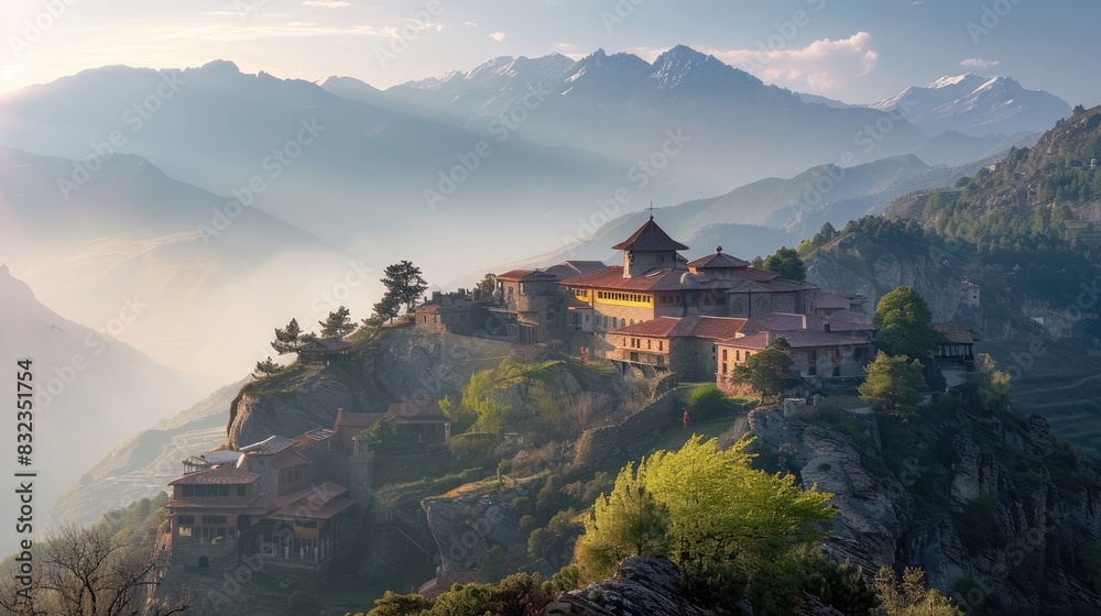 Breathtaking Panoramic Vista of Serene Mountain Monastery Surrounded by Nature