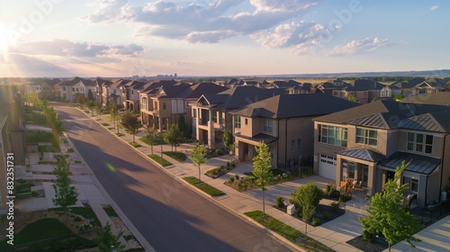 An aerial view of a residential community where every home is equipped with smart glass windows that adjust transparency to optimize indoor temperature, © Muhammad