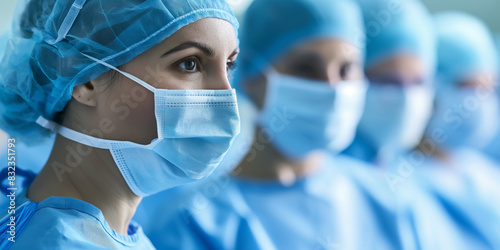 A close-up shot captures the attentive expressions of medical staff wearing blue surgical attire in what appears to be a clinical setting