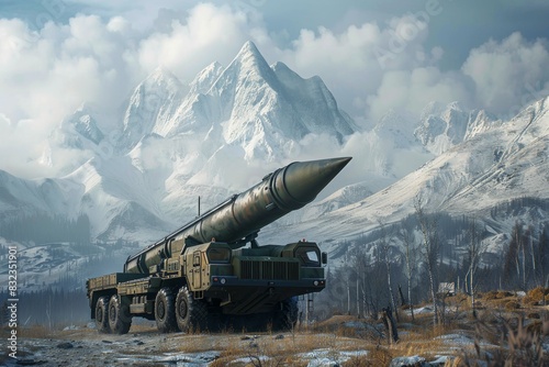 powerful military truck stands proudly in front of majestic mountains, a missile mounted on its front ready for action. photo