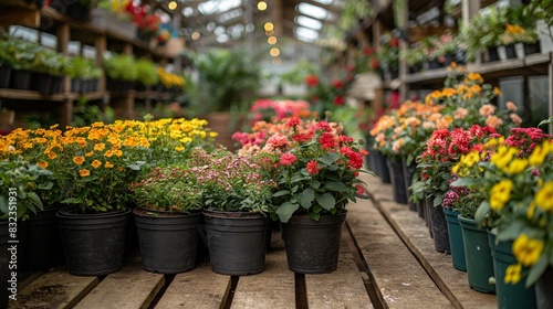 Various multicolored flowers growing in pots in greenhouse in garden center