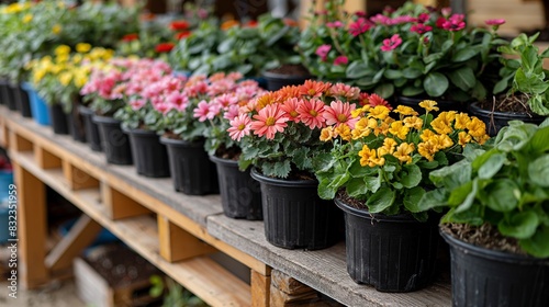 Various multicolored flowers growing in pots in greenhouse in garden center