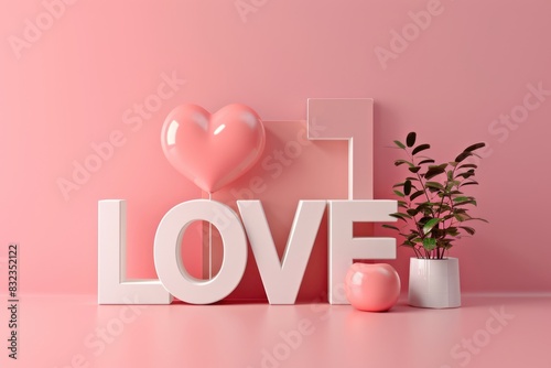 Love background with pink heart shape, 3d rendering