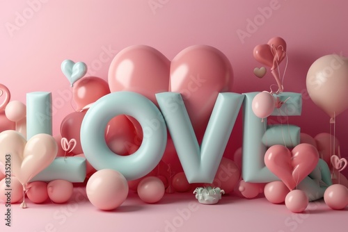 Valentine's Day background with pink balloons. 3D Render