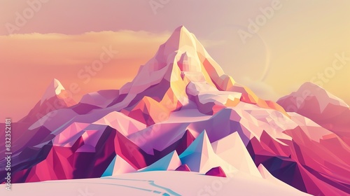 Mountain digital illustration flat design front view alpine adventure theme 3D render Tetradic color scheme 