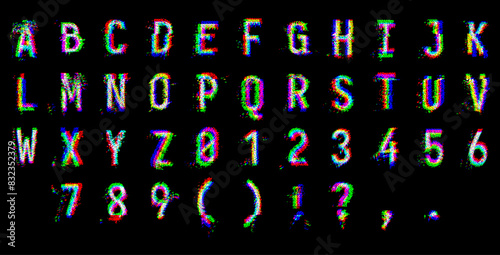 HACKED Cyber Pixel Noise RGB Glitch Type Font. Alphabet Letters Isolated on Black Background. Distorted Glitched Pixels Effect Letters and Digits. Cyberpunk Style Error Font Vector Illustration.