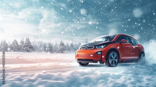 A compact electric car driving through a snowy landscape  illustrating its reliability and effectiveness in harsh weather conditions. 