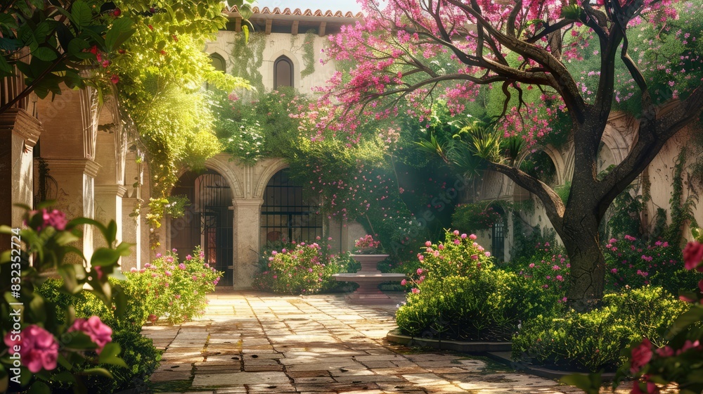 Fototapeta premium Blooming Trees and Lush Greenery Enhance the Tranquil Monastery Courtyard